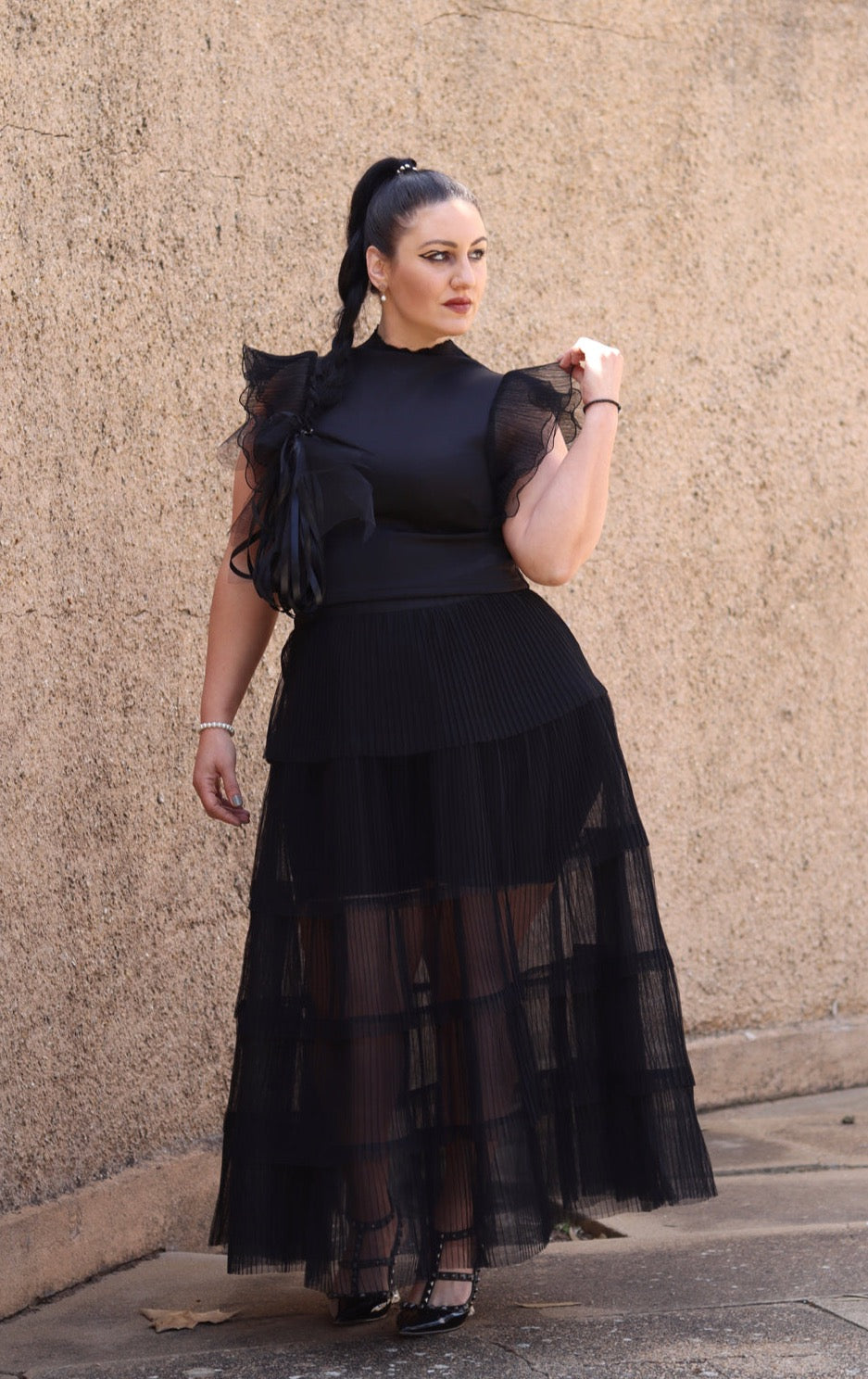 COCO Maxi Layered Pleated Tulle Sheer Skirt